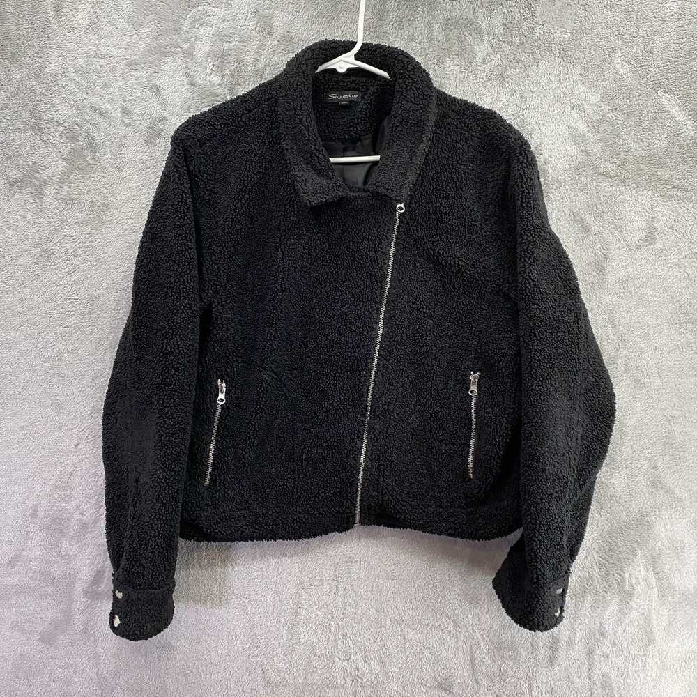 Shinestar Womens XL Jacket Fuzzy Coat Zip Up Fluffy Motorcycle Crop Black EUC